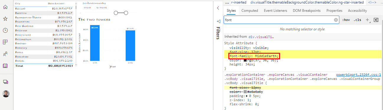 Custom font is also addressed in the CSS file of Power BI