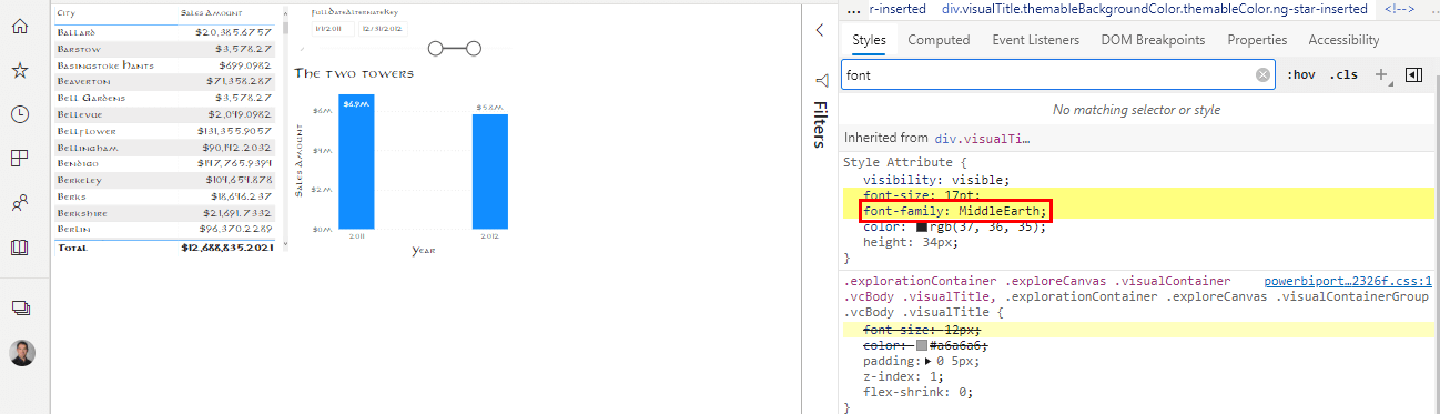 Benutzerdefinierte Schriftart wird auch in der CSS Datei von Power BI  angesprochen