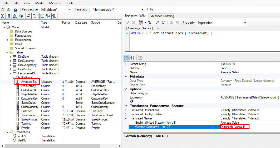 Übersetzen eines Measures im Tabular Editor