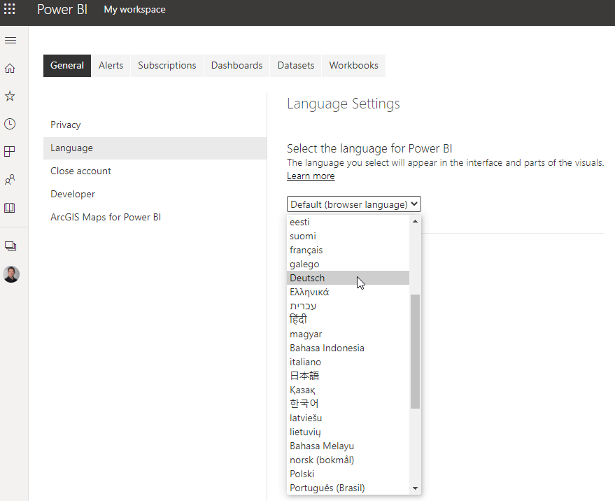 Language selection on the Power BI page