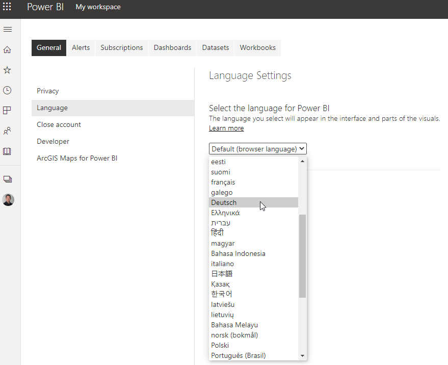 Sprachauswahl auf der Power BI Seite