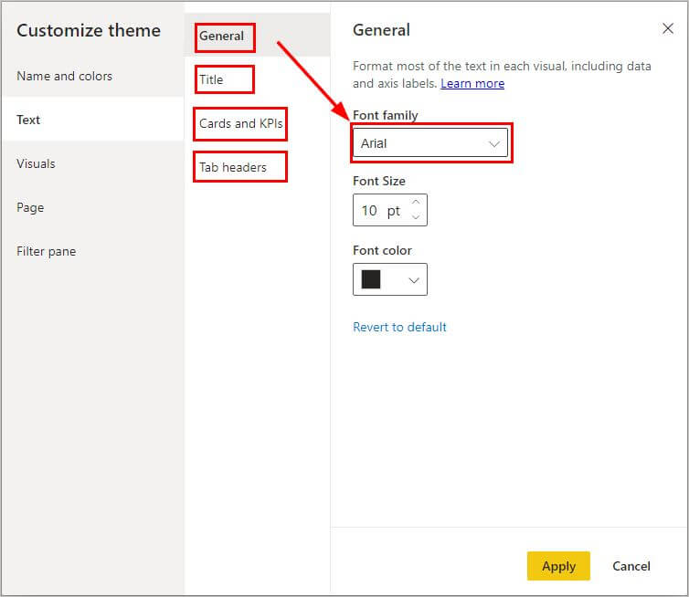 Change the theme font in Power BI to Arial