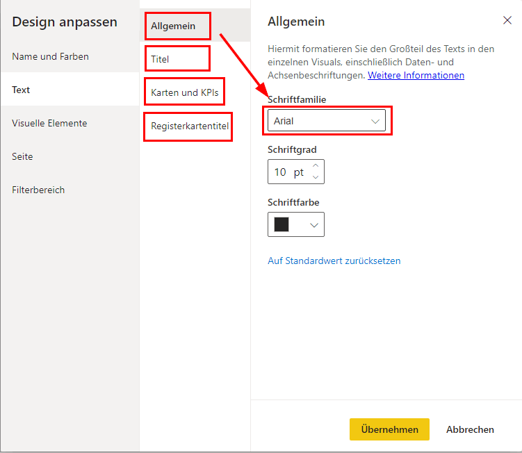 Ändern der Design-Schriftart in Power BI in Arial