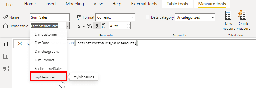 Move measure via "Home table"