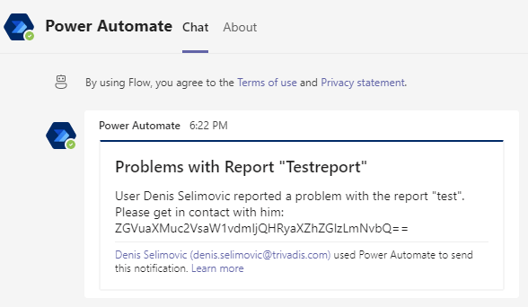 Teams Message was sent via Power Automate Flow directly from Power BI