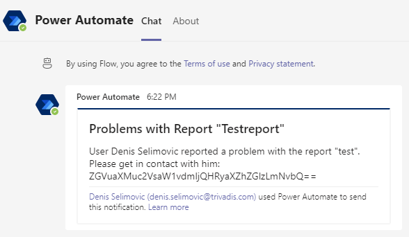 Teams Message wurde per Power Automate Flow direkt aus Power BI gesendet