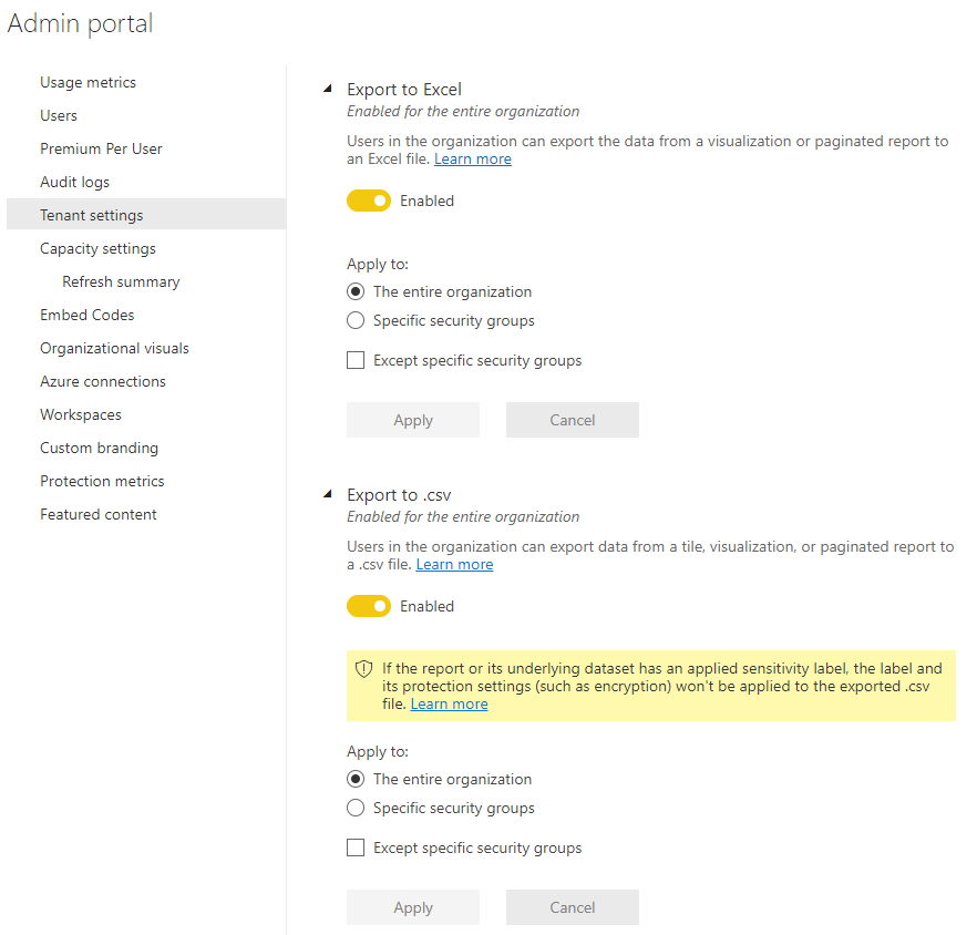 Power BI Tenant settings zum Export der darunterliegenden Daten