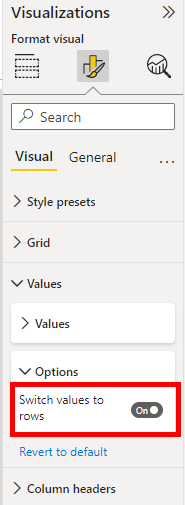 Option "Switch values to rows" in new formatting window enables wanted layout
