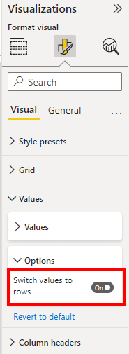 Option "Switch values to rows" im neuen Formatierungsfenster ermöglicht gewünschte Anzeige