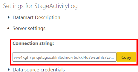 Copy the connection string of the Power BI datamart