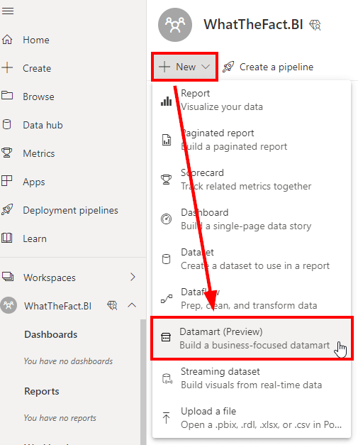 Erstellung eines neuen Power BI Datamarts