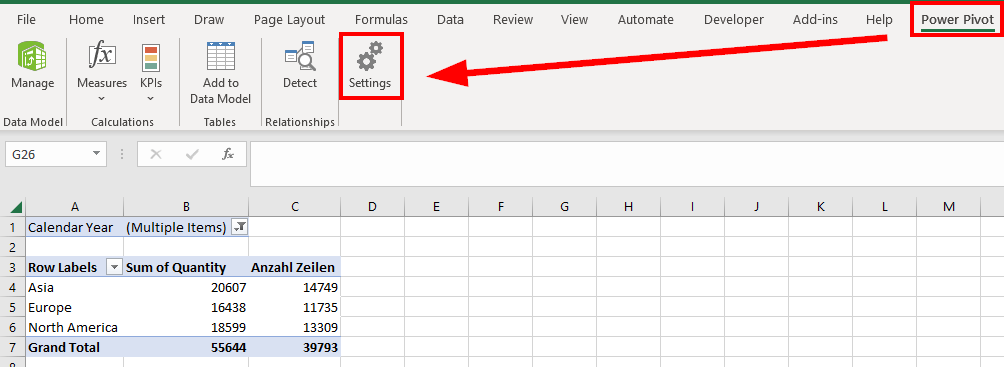 Power Pivot-Einstellungen in Excel