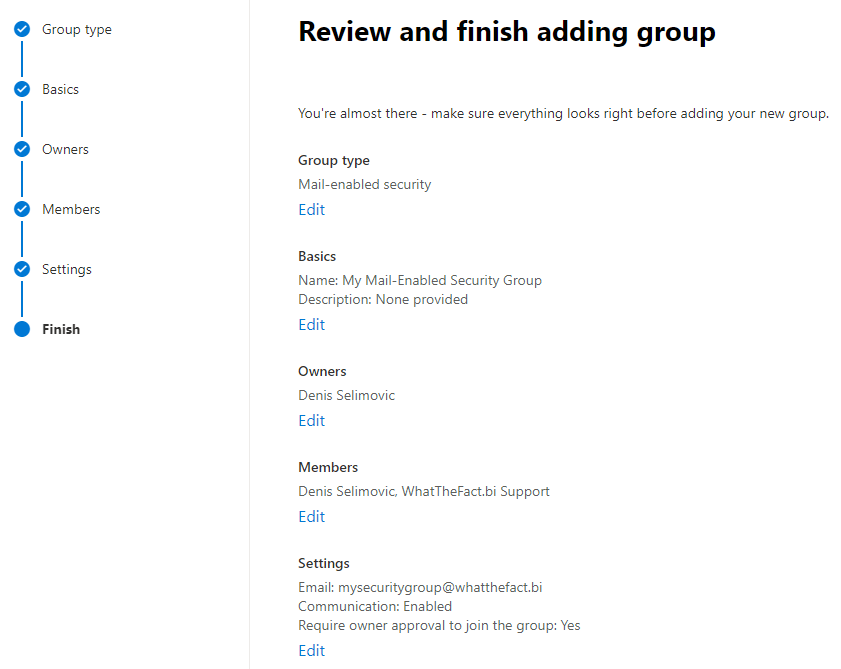 Review your settings before creating the group